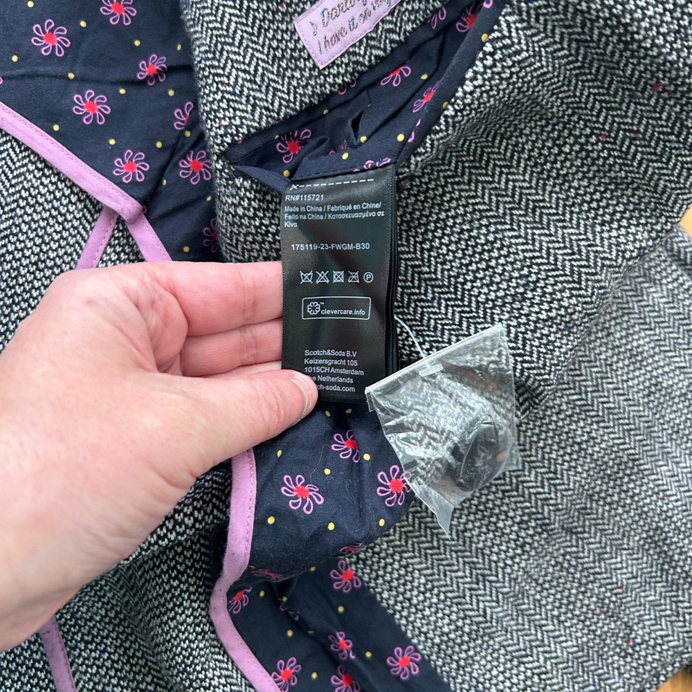 Scotch & Soda Girls Sz 14 Wool Blend Herringbone Tweed Blazer Jacket Pink Floral - Picture 5 of 10